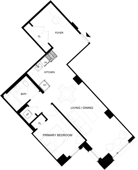 Floor plan for 1 bed, 1 bath, 684 sqft